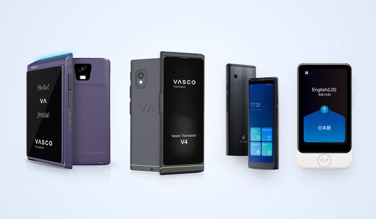 Comparație între traducătoare portabile: Vasco Translator Q1, Vasco Translator V4, Jarvisen și Pocketalk.